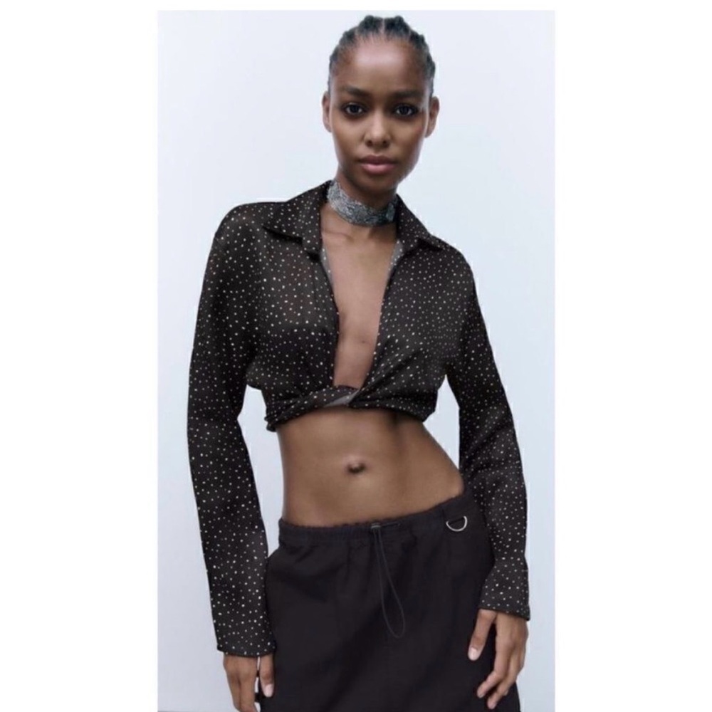 SOLD Zara Cropped Black Polka Dot Blouse